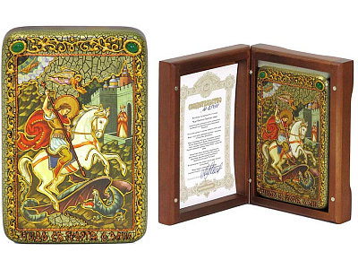 Настольная икона "Чудо Святого Георгия о змие" на мореном дубе