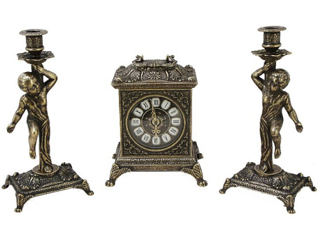 Часы каминные "Ларец" и 2 канделябра "Амур" на 1 свечу, антик
