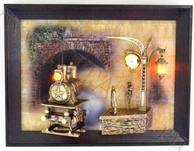 Картина из оникса "Поезд" с росписью и подсветкой