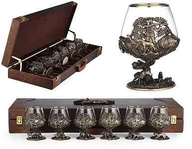 Бокал для коньяка "Охота Элит" 6шт (кабан, лось, медведь, рысь, волк, заяц) в кейсе