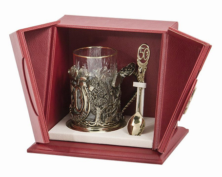 Набор для чая "С юбилеем-50 лет" в кожаном футляре