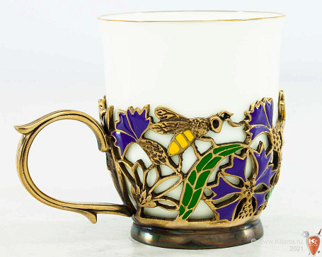 Фарфоровая чашка "Полевые цветы" в подстаканнике